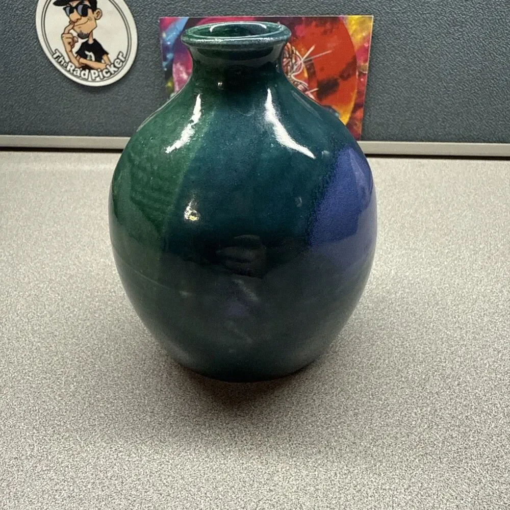 MCM Style Drip Glaze Bud Vase Ceramic Art Pottery Turquoise Blue Green 5 IN 1994
